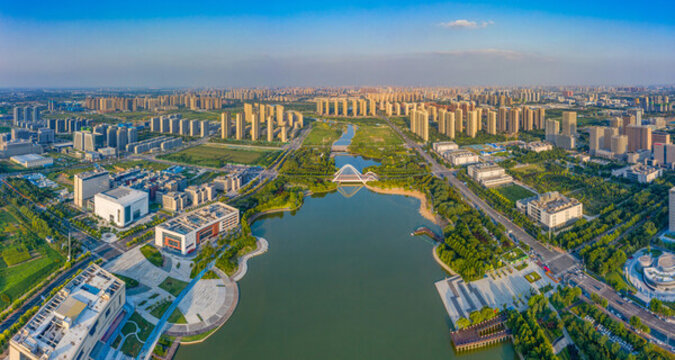 航拍鄭州天健湖公園城市綠色濕地