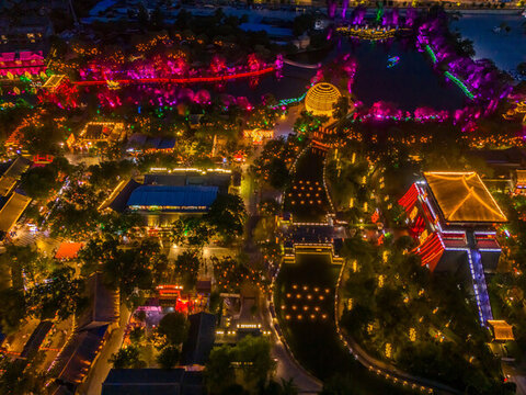 航拍河南開封清明上河園夜景光影