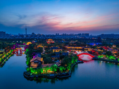 航拍河南開封清明上河園夜景光影