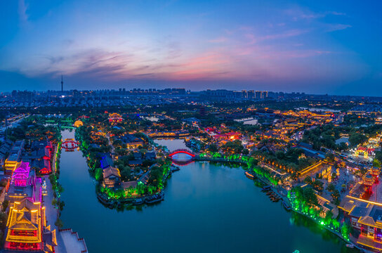 航拍河南開封清明上河園夜景光影