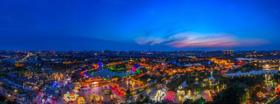 航拍河南開封清明上河園夜景光影