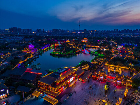 航拍河南開封清明上河園夜景光影