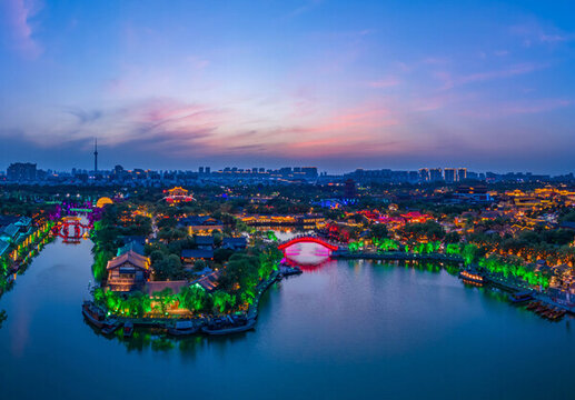 航拍河南開封清明上河園夜景光影