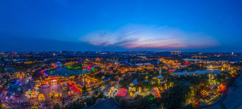 航拍河南開封清明上河園夜景光影
