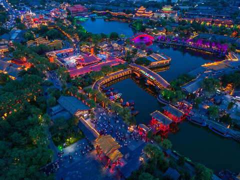 航拍河南開封清明上河園夜景光影