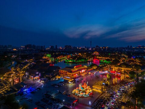 航拍河南開封清明上河園夜景光影
