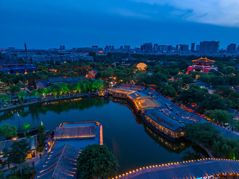 航拍河南開封清明上河園夜景光影