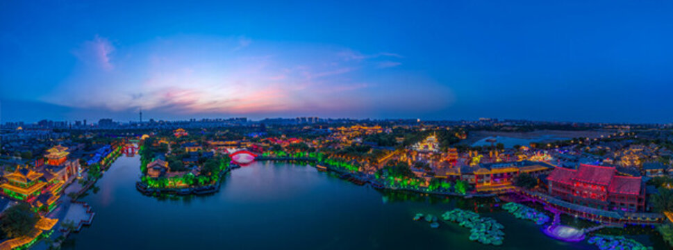 航拍河南開封清明上河園夜景光影