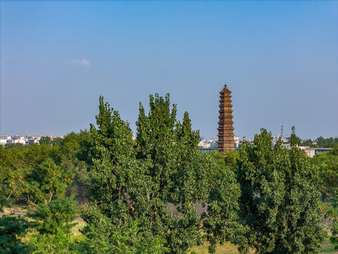 航拍河南開封鐵塔公園景區(qū)琉璃塔