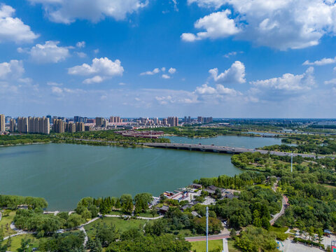 航拍河南開封汴西湖城市生態(tài)濕地