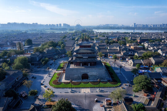航拍聊城東昌古城老街街景