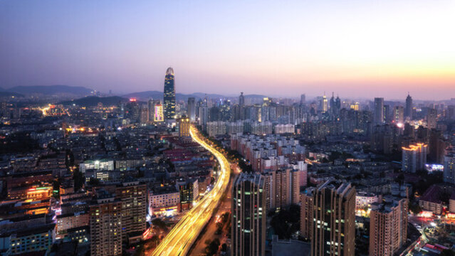 航拍濟南城市天際線夜景