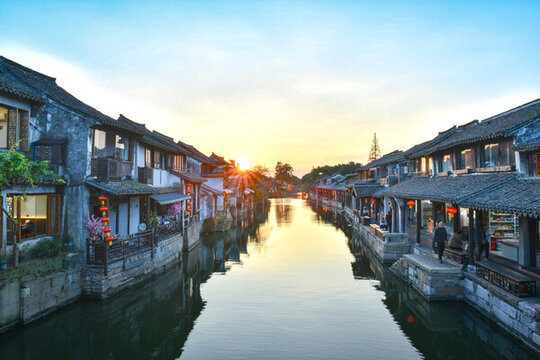 浙江嘉興嘉善西塘古鎮(zhèn)景區(qū)夕陽