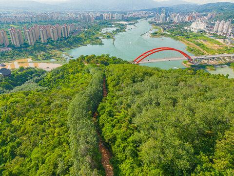 航拍西雙版納景洪市黎明大橋