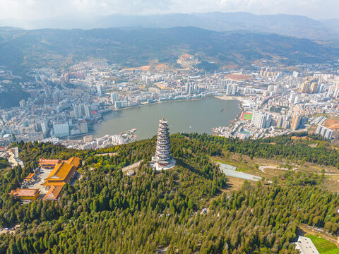 航拍云南紅河州個舊市城市風(fēng)光