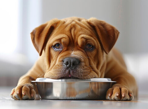 一只法國(guó)斗牛犬幼犬和一個(gè)食物碗