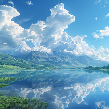 云霞映照下的山湖美景