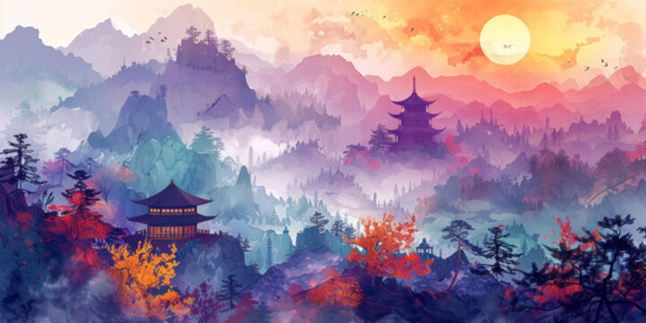 縹緲群山中寧靜的黎明傳統(tǒng)中式建筑若隱若現(xiàn)