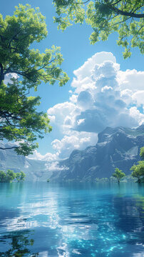 陽(yáng)光明媚下的山湖美景