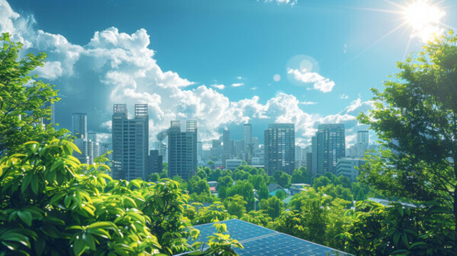 城市綠地中的太陽能電池板與城市天際線