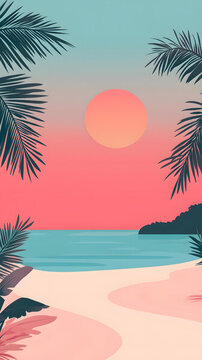 熱帶海灘日落風(fēng)景插畫