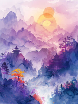 迷霧籠罩的中國(guó)傳統(tǒng)建筑與山川