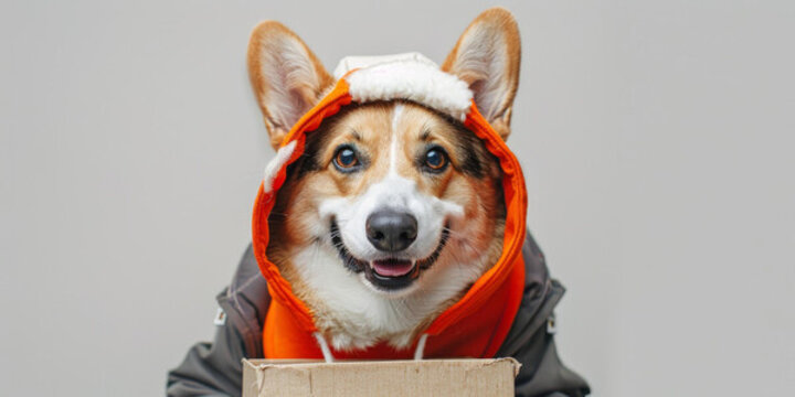一只可愛(ài)的小柯基犬戴著冬帽和外套