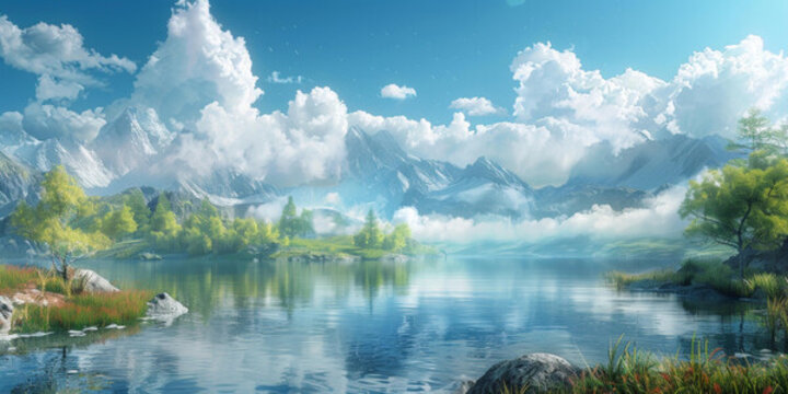 寧?kù)o山湖風(fēng)光插畫