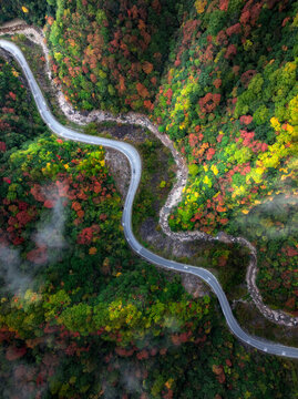 航拍光霧山秋色彎曲的公路