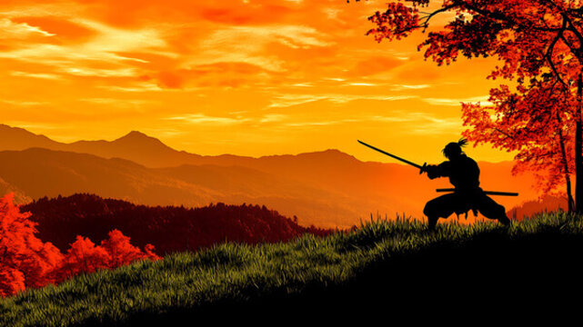 夕陽下的武士剪影