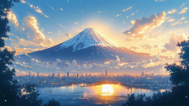富士山日出城市風(fēng)光插畫
