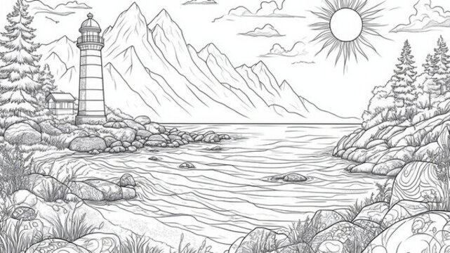 海岸風(fēng)景與燈塔插畫