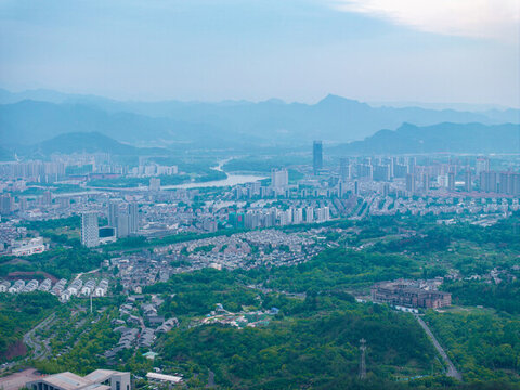 航拍浙江省臺(tái)州市天臺(tái)縣城市風(fēng)光
