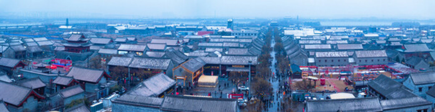 河南商丘古城雪天雪景航拍全景