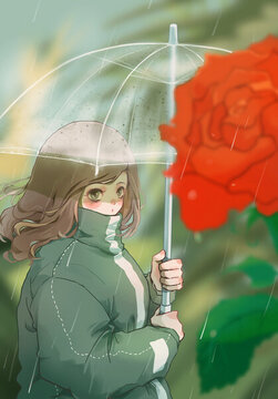 插畫雨中打傘的玫瑰花和少女