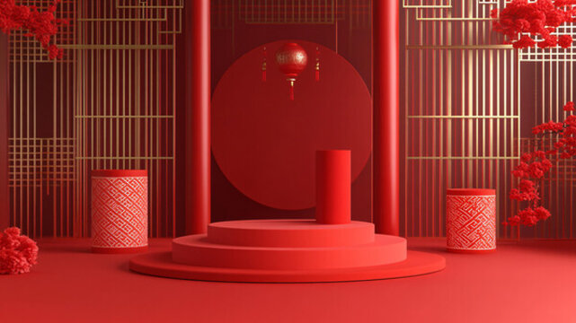 紅色立體場(chǎng)景舞臺(tái)展臺(tái)