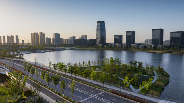 杭州大江東東沙湖公園風光航拍
