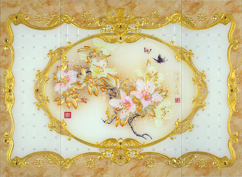 歐式國(guó)色天香花開背景墻裝飾畫