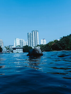 廣州湖邊的城市建筑和倒影