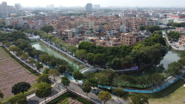 航拍廣東東莞道滘鎮(zhèn)城市風光