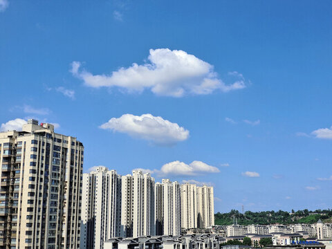藍天白云下的城市高樓群
