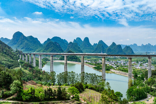 中國廣西桂林陽朔縣山水列車景觀