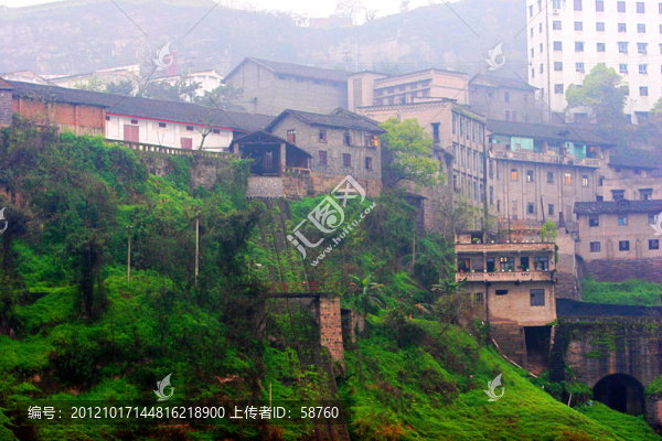 長江,岸邊山坡樓房