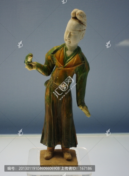 彩色釉陶托鸚鵡女俑