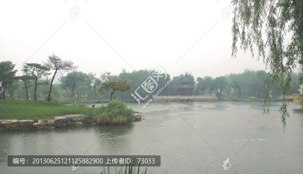 雨天北寧公園綠地湖水松樹(shù)盆景