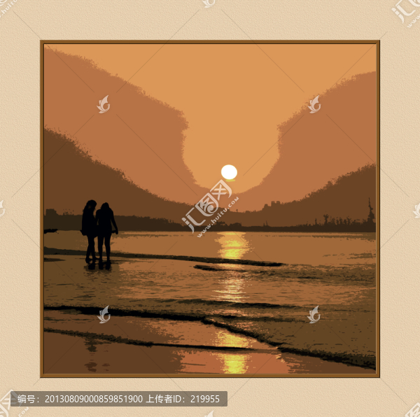版畫,海灘散步