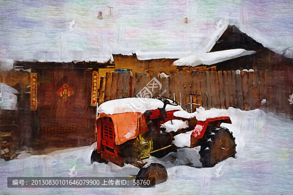 山村冬雪圖,電腦油畫