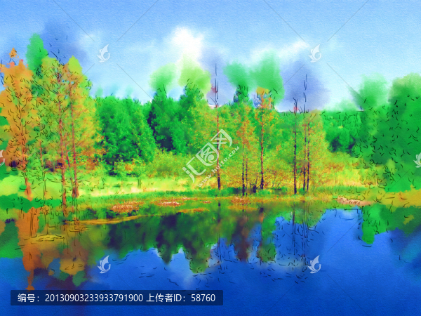 水畔樹林,電腦畫