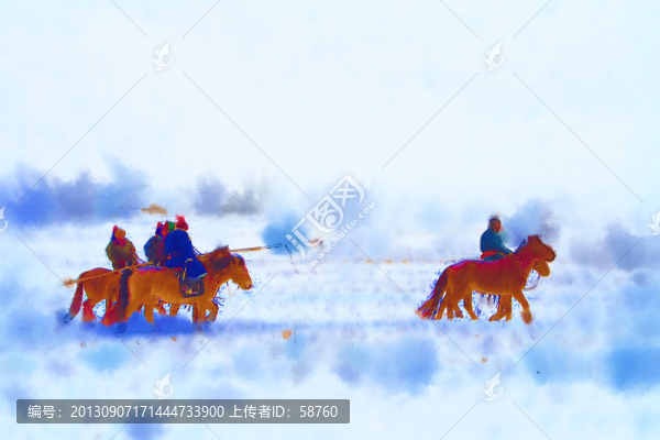 草原踏雪圖,電腦水彩畫