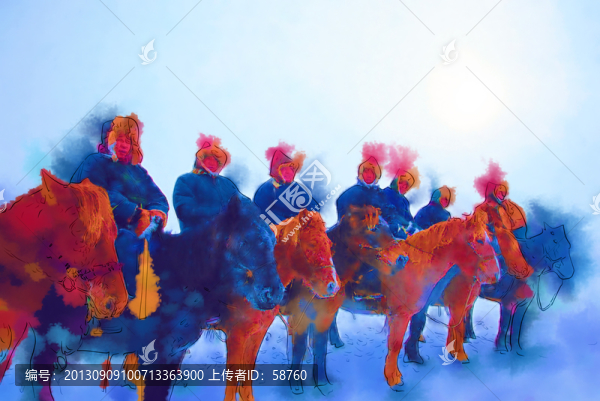 雪原馬隊,電腦水彩畫